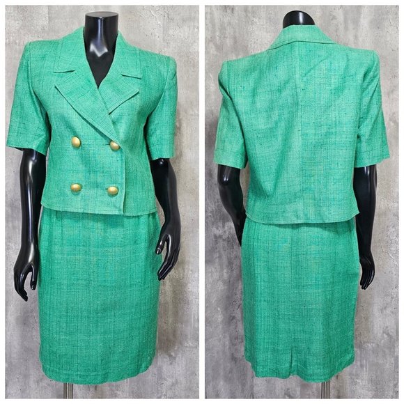 Vintage 80s Yves Saint Laurent Green Skirt Power Suit Career Casual Gold Buttons - Picture 1 of 16
